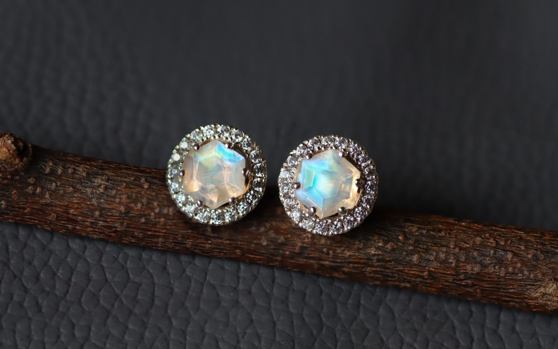 Hexagon Moonstone Studs